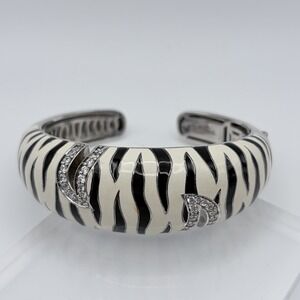 Belle Etoile TIGRIS Sterling Silver Cuff Bracelet Black White Enamel With CZs